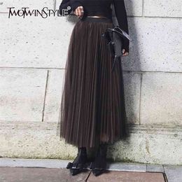 L Casual Patchwork Mesh Skirt For Women High Waist A line Ruched Maxi Loose Skirts Female Summer Fashion 210521