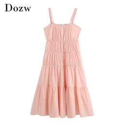 Women Sweet Pink Pleated Midi Dresses Summer Spaghetti Strap Cotton Ruffle Female Sleeveless Party 210515