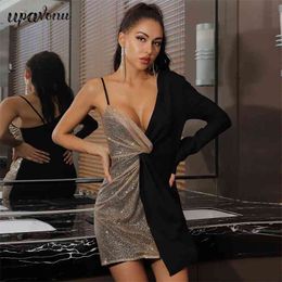 Free Autumn Women's Sequin Patchwork Bandage Dress Sexy One Shoulder Long Sleeve Bodycon Christmas Mini 210524