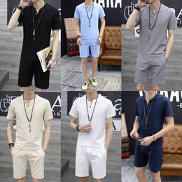 Mens Summer Set Linen Fabric Breathable Summer Clothes Two Piece Set for Men Suit Plus Size 5XL 2020 Tracksuit Men Sweat Suits X0610
