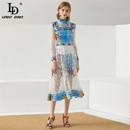 Designer Runway Vintage Dress Women Lace Long Sleeve Print Bow Tie Summer Fashion Holiday Midi Vestidos 210522