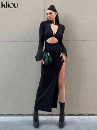 Kliou Ribbed Sexy Maxi Dress Women Elegant Solid Hollow Out Long Sleeve Side Slit Cleavage Skirt Party Clubwear Female Vestido Y1204