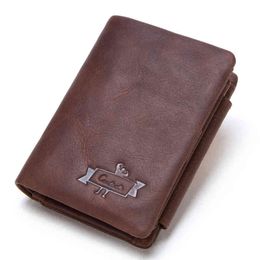 Nxy Wallet Contact s Genuine Crazy Horse Leather Men Vintage Trifold Zip Coin Pocket Purse Cowhide for Mens 0214