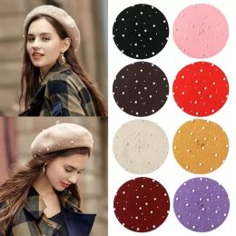 Berets Elegant Women Girl Beret Hat French Artist Cap Winter Warm Wool Pearl Painter Adjustable