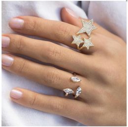 Cluster Rings Micro Pave Cz Three Stone Open Cocktail Women Finger Ring Sparking Bling White Blue Rainbow Star Jewelry