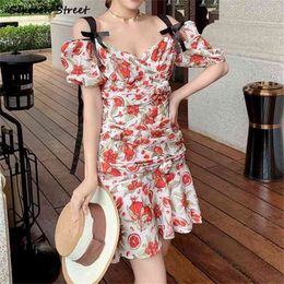 Summer Dress Woman Straps V-neck Flora Printed Bodycon Female High Waisted Elegant Party Mini es Clothing 210603