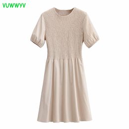 Vintage Beige Elastic Pleated Mini Dresses for Women Summer Draped Party Dress Woman Short Sleeve Casual Slim Vestidos 210430