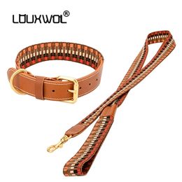 LOUXWOL Dog Collar Leather & Nylon Collar Leash Set for Cat Dog Pet Supplies Dog Collar Leashes for Small Large Dogs Accessories 210729