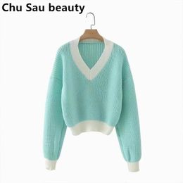 Autumn Winter Vintage Chic Green Knitted Crop Tops Women Fall Jumper Casual V-Neck Short Pullovers Sweaters 210508