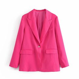 Women Fashion Satin Elegant Notched A Buckle Rose Red Suit Jacket Vintage Office Ladies Long Sleeve Pockets Coat 210531