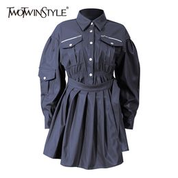 PU Leather Tunic Dress For Women Lapel Long Sleeve High Waist Shirt Dresses Female Fashion Clothing 200 210520