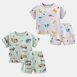 Summer 2 3 4 6 8 10 Years Cartoon Animal Print Cotton Short Sleeve Handsome T-Shirt Sleepwear Pajama Sets For Baby Kids Boy 210529