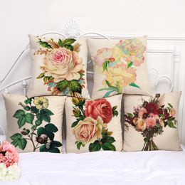 Plant Flower Rose 18" Cotton Linen Sofa Decorative Throw Cushion Cover Home Decor Mediterranean Style Pillow Case Wholesale Cushion/Decorati