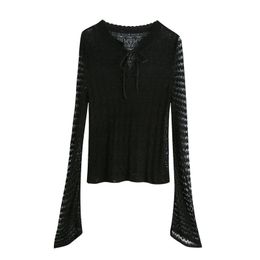 BLSQR Women Sexy mesh knitted black smock blouse Shirts Flare Sleeve Casual Slim Blusas Tops 210430