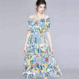 Runway Summer Blue and White Porcelain Print Flower Midi Dress Women's Sexy Slash Neck Short Sleeve Elastic Waist Bohemian 210519