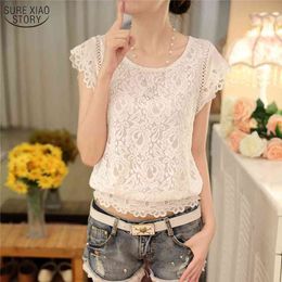 summer fashion Korean women tops plus size short sleeved white blouse Lace Chiffon female slim shirt 01A 25 210521