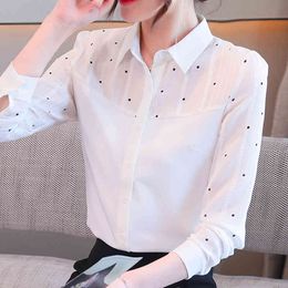 Long Sleeve Turn Down Collar Office White Blouse Women Blusas Mujer De Moda Dot Chiffon Blouse Shirt Tops Blusa E08 210426