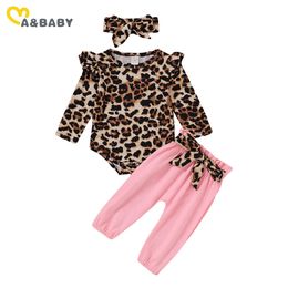0-18M born Infant Baby Girls Leopard Flower Clothes Set Ruffles Long Sleeve Romper Bow Pants Outfits Autumn Costumes 210515