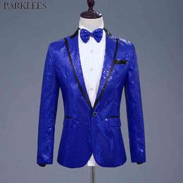 Mens One Button Royal Blue Sequin Dress Blazers With Bowtie Nightclub DJ Prom Suit Jacket Men Host Banquet Party Stage Costume 210522