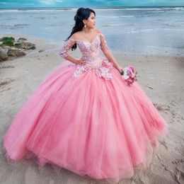 Pembe kabarık balo elbisesi quinceanera omuzdan elbiseler uzun kollu boncuk tatlı parti elbise vestidos de anos doğum günü