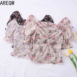 Sweet Versatile Embroidery Hollow Out Floral Print V-neck Cross Knot Short Sleeve Chiffon Shirt Short Women 210507