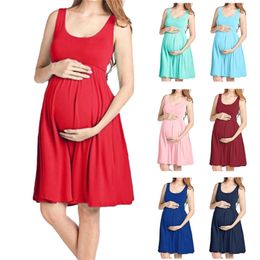 Maternity Vest Dresses Clothes Pregnant Pregnancy Women Solid Colour Formal Dress Casual O-Neck Dresse 210922