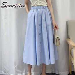 SURMIITRO Summer Cotton Long Skirt Women Korean Style Fashion Single-breasted High Waist Mid-Length A Line Skirt Female 210712