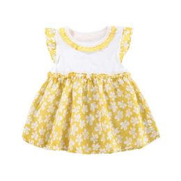 Toddler Infant Baby Girls Summer Sleeveless Dress Sweet Floral Print Contrast Color Ruffles Trim Pleated Flared Sundress Q0716