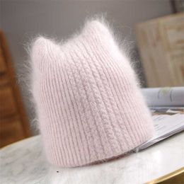 Winter Warm lovely Knitted Hats for Women Casual Soft Angola Rabbit Fur Beanie hats glris lady Bonnet Gorros 211119