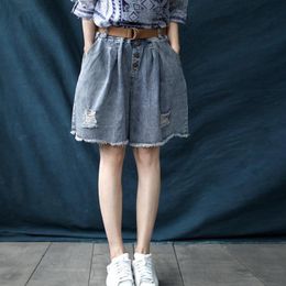 Johnature Summer Loose Leisure Korean Elastic Waist Wide Leg Shorts Comfortable Pockets All-match Women Denim Shorts 210521