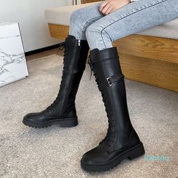 Boots Autumn Winter Patent Leather Woman Shoes Round Toe Lace Up Zipper Knee High Women Platform Black