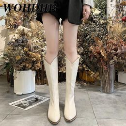 2024 Fall/Winter Boots Women's WOHDHE Round Head Side Zipper Square Heel Centre Tube Knee Fashion Boot Combat 98311 17591 88754