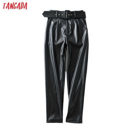 Tangada women black faux leather suit pants high waist pants sashes pockets office ladies pu leather trousers 6A05 210609