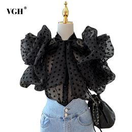 Dot Print White Casual Shirts For Women Stand Collar Short Sleeve Lace Up Bowknot Loose Blouses Female Fashion Clothing 210531