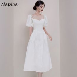 Neploe French Temperament White Long Dress Women High Waist Hip A Line Vestidos Square Collar Puff Short Sleeve Slim Robe Summer 210423