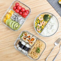 Glass Lunch Box for Office Kids Student Meal Prep Containers Microwave Bento with Compartment Food Eco Leakproof Storage 210709