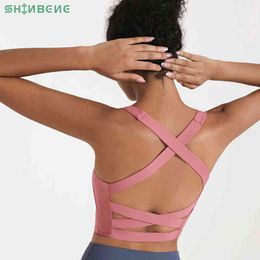 SHINBENE CROSS Anti-Sweat Athletic Training Yoga Sport Bras Crop Top Women Buttery-Soft Push Up Padded Gym Fitness Workout Bras 211217