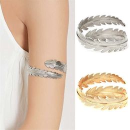 Vintage Gold Silver Colour Leaf Feather Swirl Snake Arm Cuff Armlet Armband Big Bangle for Women Bracelet Jewellery Q0719