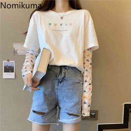 Nomikuma Women T Shirt Korean Loose Basic Tops Fake Two Pieces Love Heart Printed Long Sleeve Tshirts Camisetas Mujer 210514