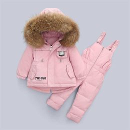 Children's Down Jacket Suits Thicken Kids Winter Toddler Boys Girls Coat Genuine Fur Baby Girls Clothing Set White Duck Down H0910