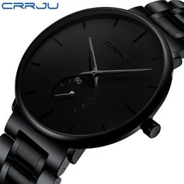 Watches for Men CRRJU Men's Fashion Black Stainless Steel Wrist Watch Waterproof Business Dress Watch for Men Relogio Masculino 210517