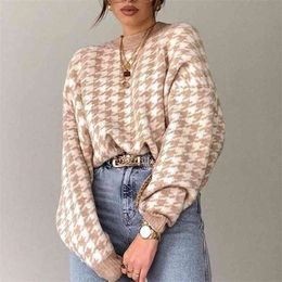 Sweater Women Pullover Knitted Geometric Khaki Female Lady Jumpers Houndstooth Long Sleeve Casual Autumn Winter Vintage Sweaters 210922