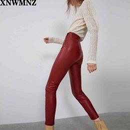 Autumn Women High Wasited Faux Leather Trousers Ladies Fall Wine Red Slim Fit Fleece PU Skinny Stretchable Pencil Pants 210510