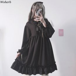 Woherb 2021 Japanese Gothic Summer Chiffon Dress Women Vintage Bow Bandage Ruffle Black Lolita Dresses Vestidos Robe Femme 21664 210322