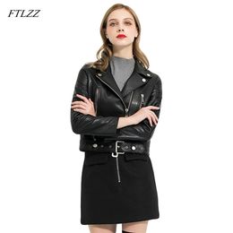 Spring Women Pu Leather Jacket Woman Zipper Belt Short Coat Female Motorcycle Black Faux Outwear 210430