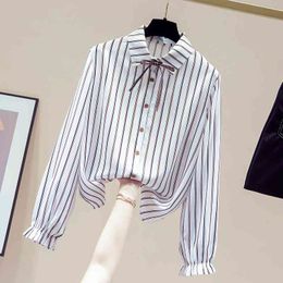 Autumn Elegant Women's Turn Down Collar Flare Long Sleeves Stripe Shirts Ladies Shirt Blouse Tops A4066 210428