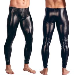 Mens Black Faux Patent Leather Pants Stage Skinny Performance Pants Stretch Leggings Men Sexy Bodywear Trousers