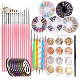 Nail Art Brushes Set Double-Ended Dotting Pen Striping Tapes Glitter Foil Chips Decoration Rhinestones All For Manicure Nails Tools Kit