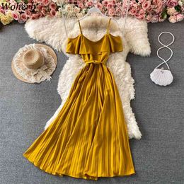 Summer Dress Party Beach Style Off Shoulder Vestidos Elegant Robe Sexy Vinatge Spaghetti Strap Pleated Dresses Women 210519