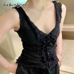 Black Lace Up Bowknot Vests For Women V Neck Sleeveless Casual Slim Tank Tops Female Summer Fashion Clothing 210524